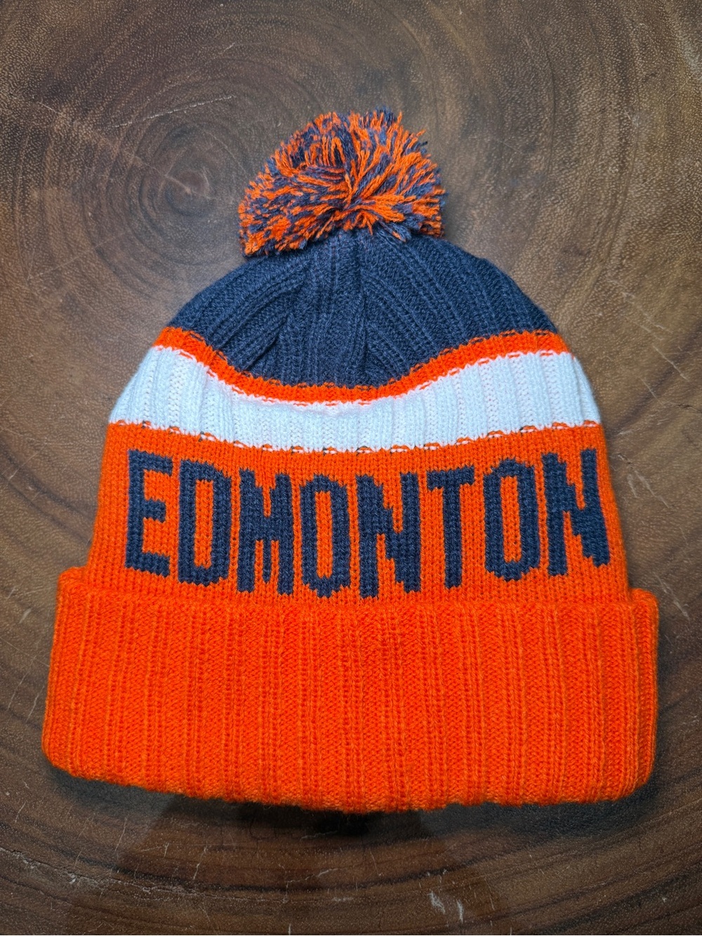 Edmonton Striped Knit Beanie Hat w/ Pom Pom One Size Orange Blue NHL